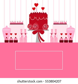 Valentine's Day cake and sweet table. Vector illustration