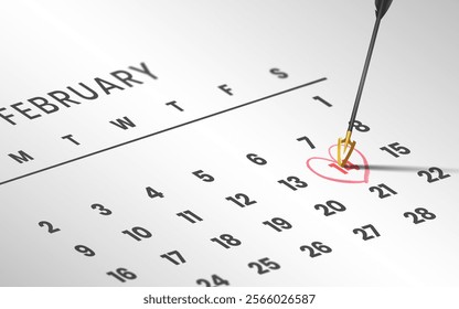 Valentine's Day. Calendar with February 14th circled. Vector illustration.