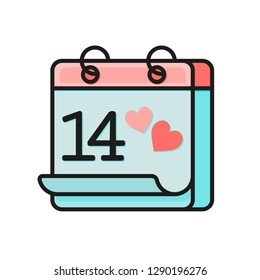 Valentines day calendar flat icon. February 14 of Saint Valentines day. Colorful calendar icon isolated on white background - vector illustration.