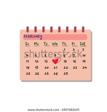 Valentine's day calendar flat vector illustration isolated on white background. Element for Valentine's day concept. Doodles clip art in cartoon style. Happy Valentine's day.