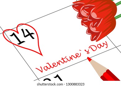 Valentine`s Day Calendar Day with Heart Flowers and Pen