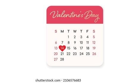 Valentines day calendar with heart shape on 14th February 2022 in pastel color soft pink and red isolated on white background.