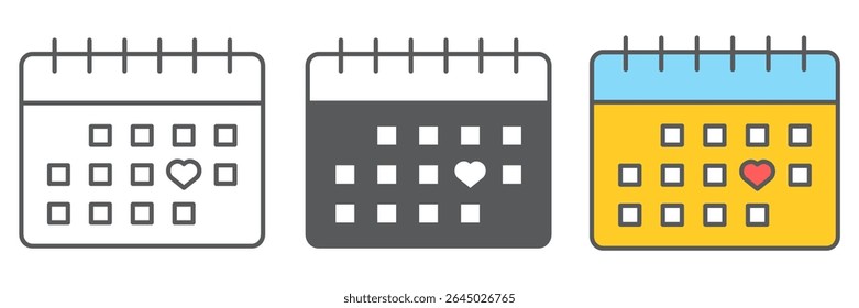 Valentines day calendar icon collection, valentines day and february 14, love calendar sign vector set graphics, editable stroke linear icon, eps 10