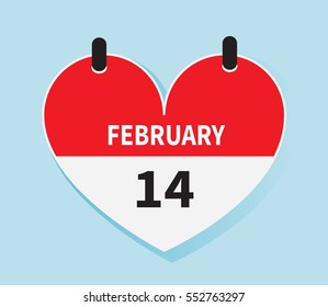 Valentines day calendar icon vector. 14th February heart shape flat design. 