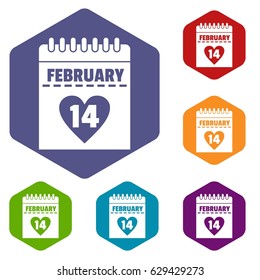 Valentines day calendar icons set hexagon isolated vector illustration