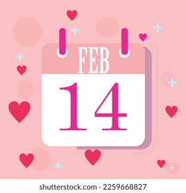 Valentines day calendar on 14th February in pastel color soft pink with hearts.