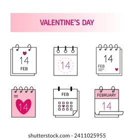 Valentines day calendar  on 14th February  in color soft pink isolated on white background.