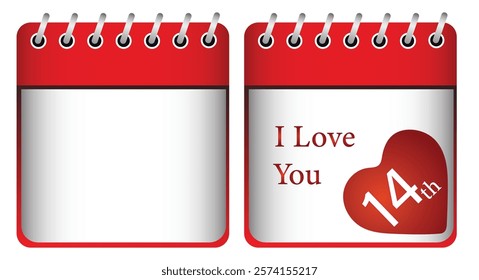 Valentines day calendar on 14th February in 3d colorful vector design