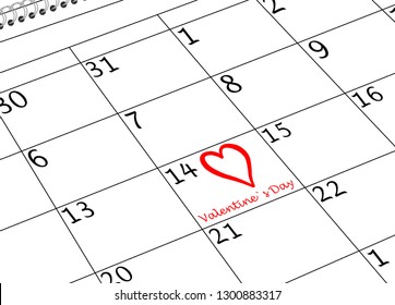 Valentine`s Day Calendar Page with Heart and writing