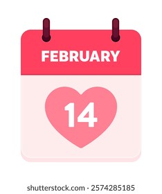 Valentines Day calendar with pink heart shape on February 14. Romance, love, event, holiday, celebration concept. Flat vector illustration isolated on white background