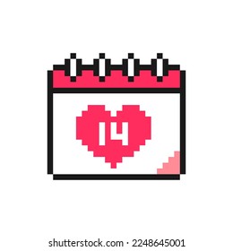 Valentine's day calendar pixel icon with heart and number 14. Isolated on white background vector sign