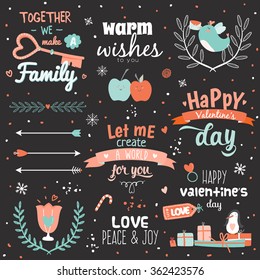 Valentines day calligraphic card template with romantic phrase and modern lovely holidays elements on black background. Valentine's day, wedding, marriage, save the date, bridal. Vector illustration