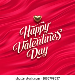 Valentines day calligraphic greeting and golden heart on red fluid waves background. Love symbol - realistic golden metal 3d hearts. Vector illustration.
