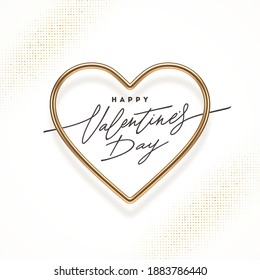 Valentines day calligraphic greeting in heart shaped golden frame. Love symbol - realistic golden metal 3d hearts. Vector illustration.