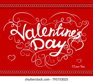 Valentine's day calligraphy of composition on red vector background with cupid and hearts. Design for holiday label. Lettering card