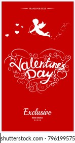 Valentine's day calligraphy of composition on red vector background with cupid and hearts. Design for holiday label. Lettering card