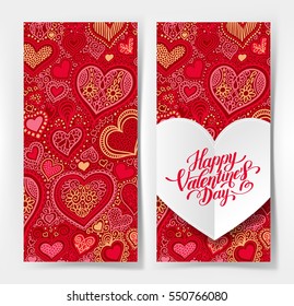 Valentines day calligraphy design on red paper hand drawing heart shape background, vector illustration