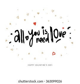 Valentines Day Calligraphy Greeting Card. Hand Drawn and Handwritten Design Elements.  Brush Lettering Design.