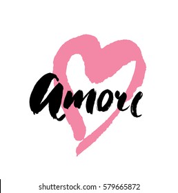 Valentines Day Calligraphy Greeting Card. Amore - hand drawn lettering word with pink heart. Brush Lettering Design. Vector illustration