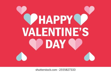 Valentine's Day calligraphy with hearts on red background, flat modern design, vector EPS 10