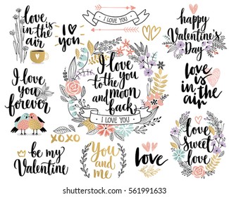 Valentine`s Day Callygraphic Floral set - hand drawn Vector illustration.