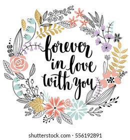 Valentine`s Day Callygraphic Wreath - hand drawn Vector illustration.