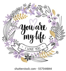 Valentine`s Day Callygraphic Wreath - hand drawn Vector illustration.