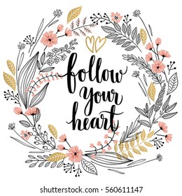 Valentine`s Day Callygraphic Wreath - hand drawn Vector illustration.