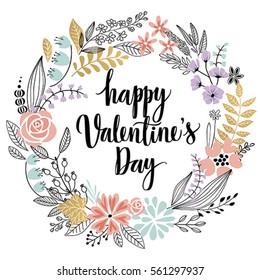 Valentine`s Day Callygraphic Wreath - hand drawn Vector illustration.