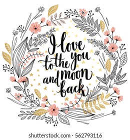 Valentine`s Day Callygraphic Wreath - hand drawn Vector illustration.