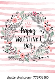 Valentine`s Day Callygraphic Wreath - Hand Drawn Vector Illustration.