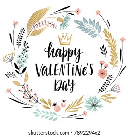 Valentine`s Day Callygraphic Wreath - hand drawn Vector illustration.