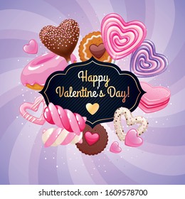 Valentine's Day candies and sweets poster. Colorful background with sweets - lollipops, chocolate bar, donut and marshmallow on shine background.