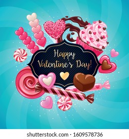 Valentine's Day candies and sweets poster. Colorful background with sweets - lollipops, cupcake, cake pops, chocolate splash, peppermint caramel on shine background.