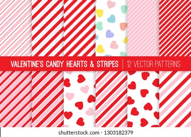 Valentine's Day Candy Hearts and Candy Cane Stripes Vector Patterns. Pink, Red and Pastel Rainbow Conversation Hearts Backgrounds. Repeating Pattern Tile Swatches Included.