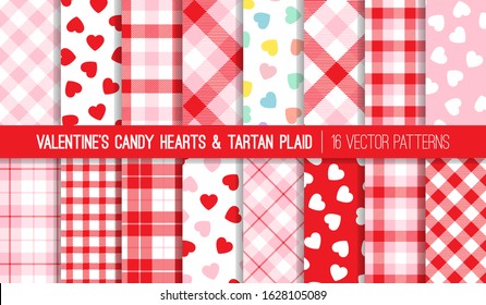 Valentine's Day Candy Hearts and Red Pink White Tartan Plaid Vector Patterns. Pastel Rainbow Conversation Hearts Backgrounds. Pattern Tile Swatches Included.