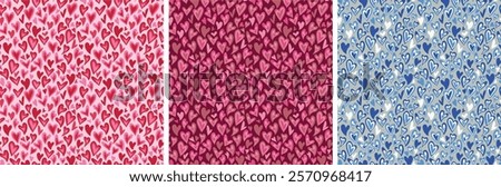 Valentine's Day candy hearts, red pink blue wavy hearts vector seamless patterns.Digital conversation hearts background, wallpaper design, wrapping paper, fabric print,kids clothes print,card template