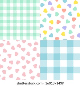 Valentine's Day Candy Hearts Seamless Vector Pattern Tiles in Pink, White, Blue, Mint Green and Lilac.  Pixel Gingham Plaid and Hearts. Cute Romantic Backgrounds. Pattern Tile Swatches Included.