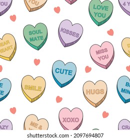 Valentine's day Candy Hearts Seamless pattern, Romantic sayings, Colorful Candy Hearts