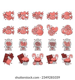 Valentine's day candy set - marshmallows, hard candy, dragees, cake pop, jelly, peppermint candies, chocolate cake, cupcakes vector illustration