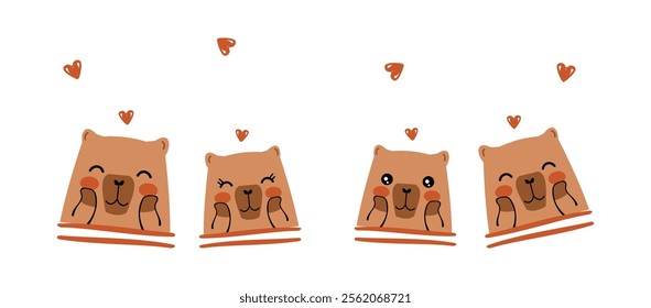 Valentine's day with capybara cartoons and hand drawn hearts isolated on white background vector.