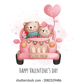 Valentine's day car with cute bear watercolor elements