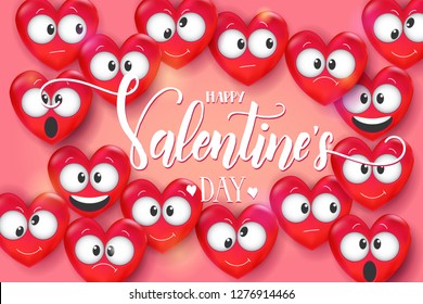 Valentines day card with 3d Love Emoji on pink background. Heart funny collection. Happy Valentine's Day - handwritten lettering quote. Vector. 