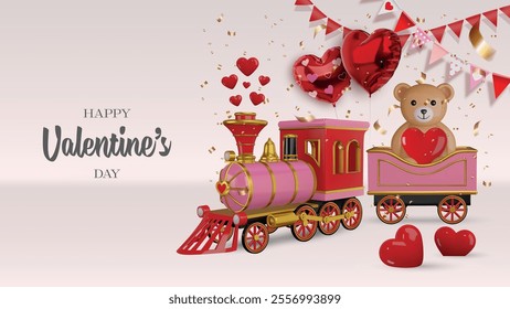 valentine's day card with 3d toy steam train, teddy bear and hearts. valentine banner with heart shaped balloons, confetti and pennants