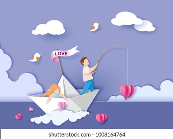 Valentines day card. Abstract background with couple in love in paper boat, heart and blue sky. Vector illustration. Paper cut and craft style.