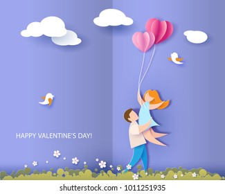 Valentines day card. Abstract background with couple in love, hearts balloons and blue sky. Vector illustration. Paper cut and craft style.