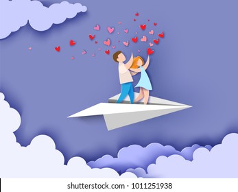 Valentines day card. Abstract background with couple in love flying on paper airplane, hearts and blue sky. Vector illustration. Paper cut and craft style.