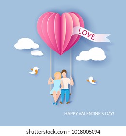 Valentines day card. Abstract background with couple in love on teeterboard, heart balloon and blue sky. Vector illustration. Paper cut and craft style.