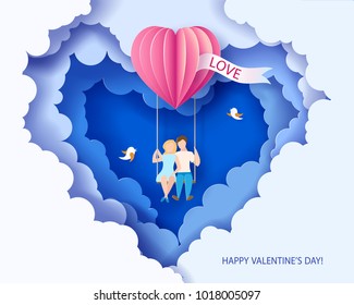 Valentines day card. Abstract background with couple in love on teeterboard, heart balloon and blue sky. Vector illustration. Paper cut and craft style.