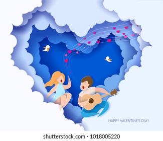Valentines day card. Abstract background with couple in love singing song. Vector illustration. Paper cut and craft style.